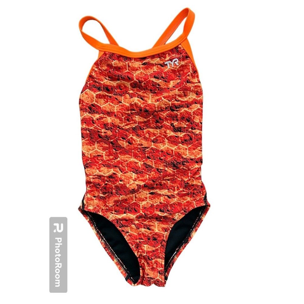 TYR Competition Practice One Piece Swimsuit Size 22 Black Orange